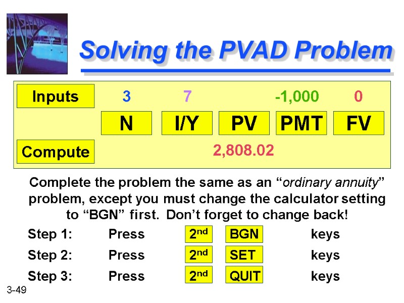 Solving the PVAD Problem N I/Y PV PMT FV Inputs Compute   